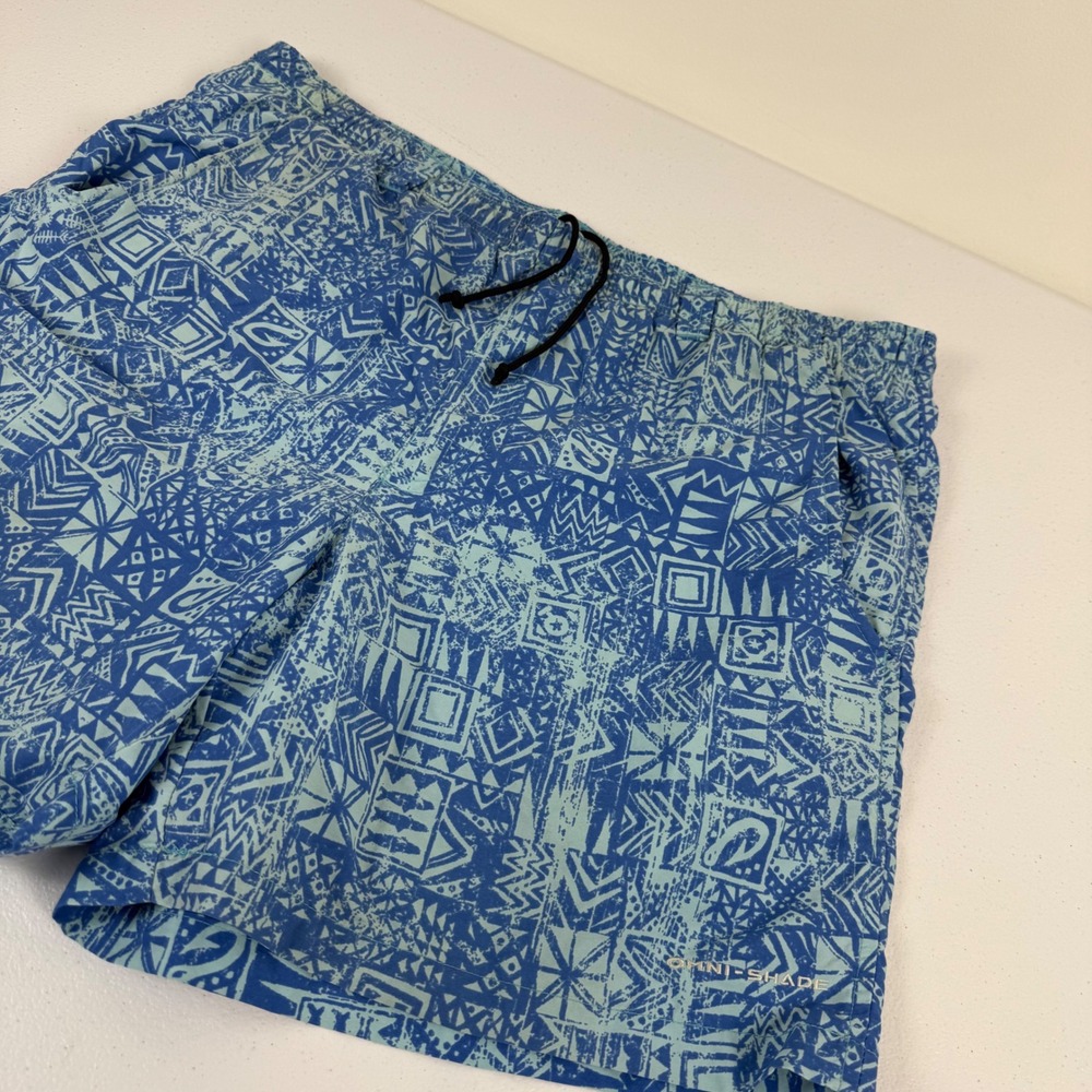 Columbia PFG Omni-Shade Mens Blue Geometric Tribal Print Swim Trunks Size M 6in